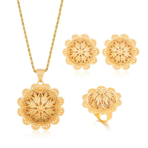 Ethlyn Gold Plated Ethiopian Jewelry Sets for Women Copper Material Habesha Pendant Earrings Ring Jewelry - Image 1