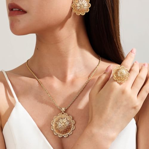 Ethlyn Gold Plated Ethiopian Jewelry Sets for Women Copper Material Habesha Pendant Earrings Ring Jewelry - Image 2