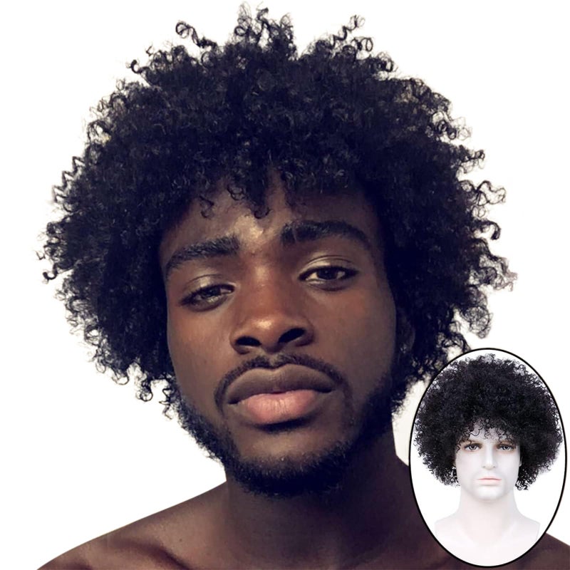 BECUS 8 Inch Afro Wig for Black men Short Kinky Curly Human Hair Wigs for Black Men Short African American Male Afro Wig Natural Spiral Black 1B