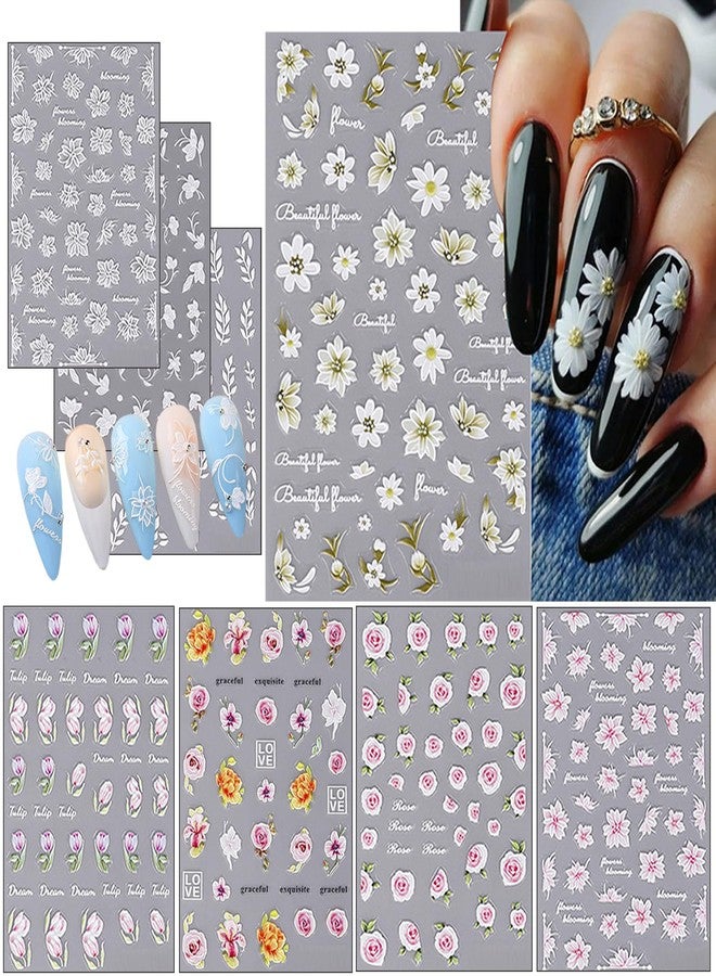 Penugo 8 Pcs Self-Adhesive Nail Stickers, 5D Embossed Engraved Flower Nail Art Stickers, Nail Decorations Accessories - Image 1