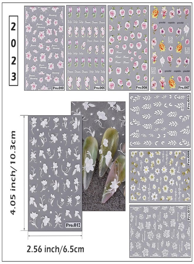 Penugo 8 Pcs Self-Adhesive Nail Stickers, 5D Embossed Engraved Flower Nail Art Stickers, Nail Decorations Accessories - Image 2