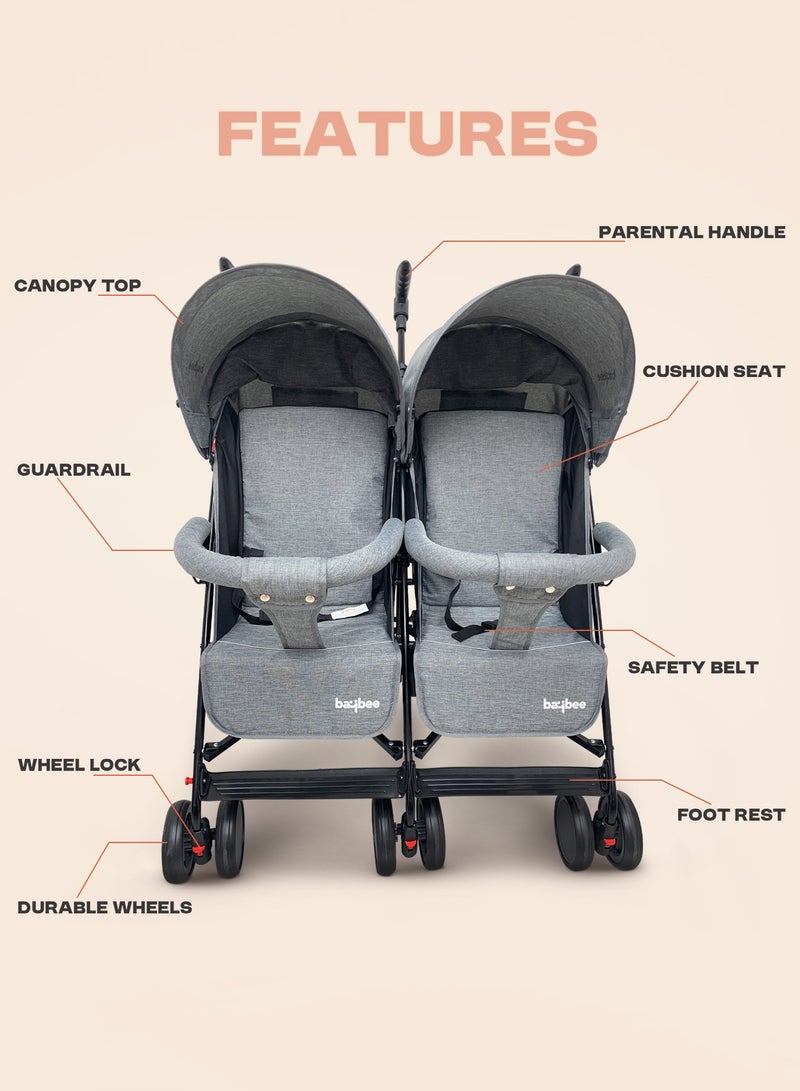 BAYBEE 2 in 1 Twin Baby Stroller For Newborn Babies, Double Seat Stroller Twins with Adjustable Canopy, Safety Guardrail, Wheel Lock & Parental Handle | Toddler Stroller for Baby 0 to 4 Years Boy Girl Grey - Image 4