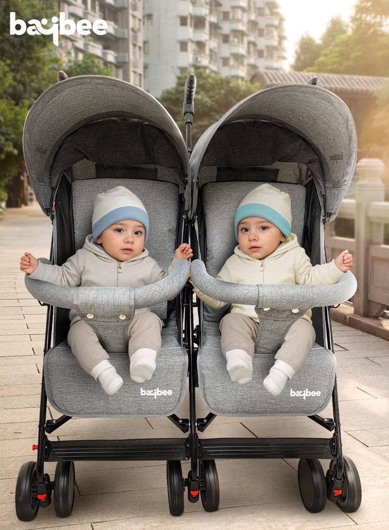 BAYBEE 2 in 1 Twin Baby Stroller For Newborn Babies, Double Seat Stroller Twins with Adjustable Canopy, Safety Guardrail, Wheel Lock & Parental Handle | Toddler Stroller for Baby 0 to 4 Years Boy Girl Grey - Image 2