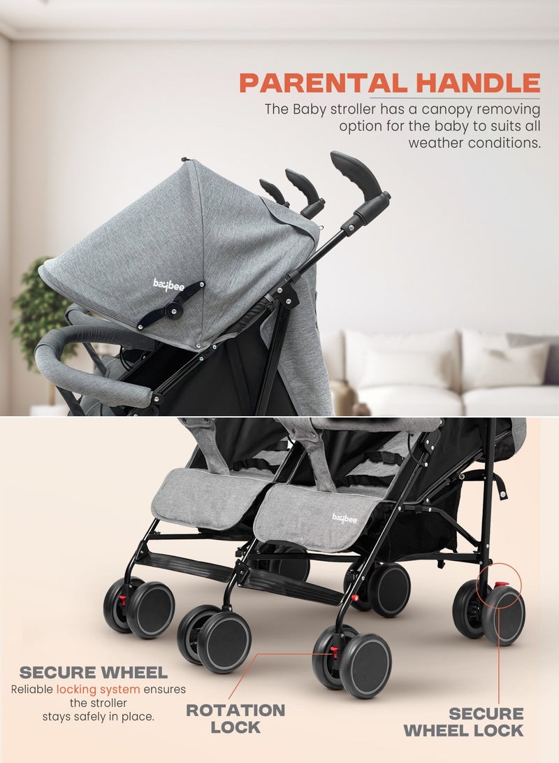 BAYBEE 2 in 1 Twin Baby Stroller For Newborn Babies, Double Seat Stroller Twins with Adjustable Canopy, Safety Guardrail, Wheel Lock & Parental Handle | Toddler Stroller for Baby 0 to 4 Years Boy Girl Grey - Image 5