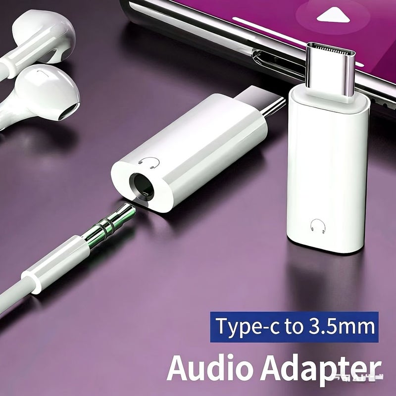 محول USB-C أبيض إلى مقبس سماعة رأس 3.5 مم، محول من Type-C إلى AUX للهواتف الذكية وأجهزة الكمبيوتر المحمولة مع قطعتين من المحول للاستماع والمكالمات الصوتية - Image 1