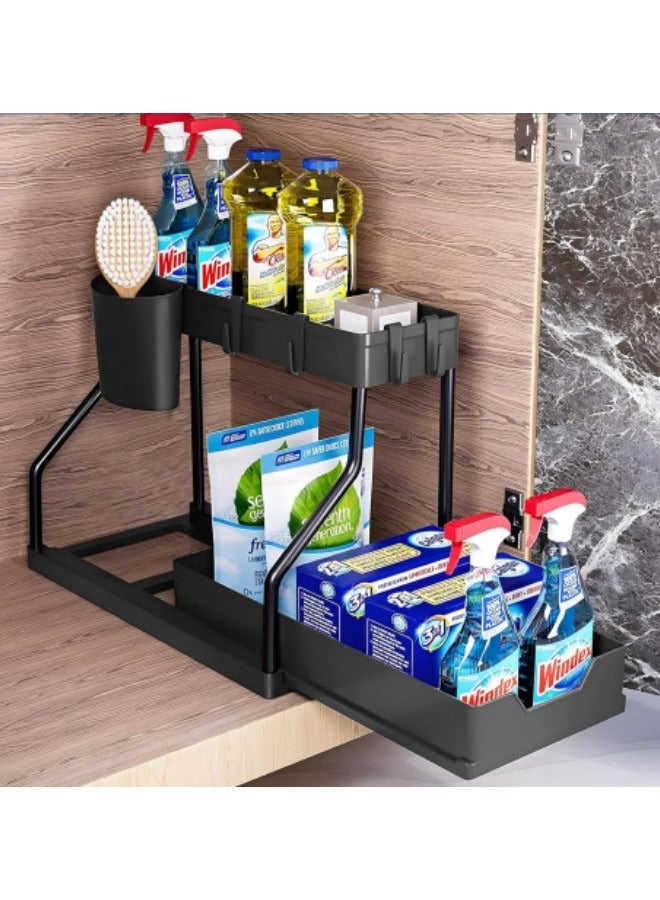 GGEROU 1-Piece Pull-out Double-layer Storage Rack Under Sink, Countertop Spice Rack, Seasoning Storage Rack, Kitchen Rack, 2-layer Sliding Multi-functional Seasoning Storage Holder, Black - Image 1