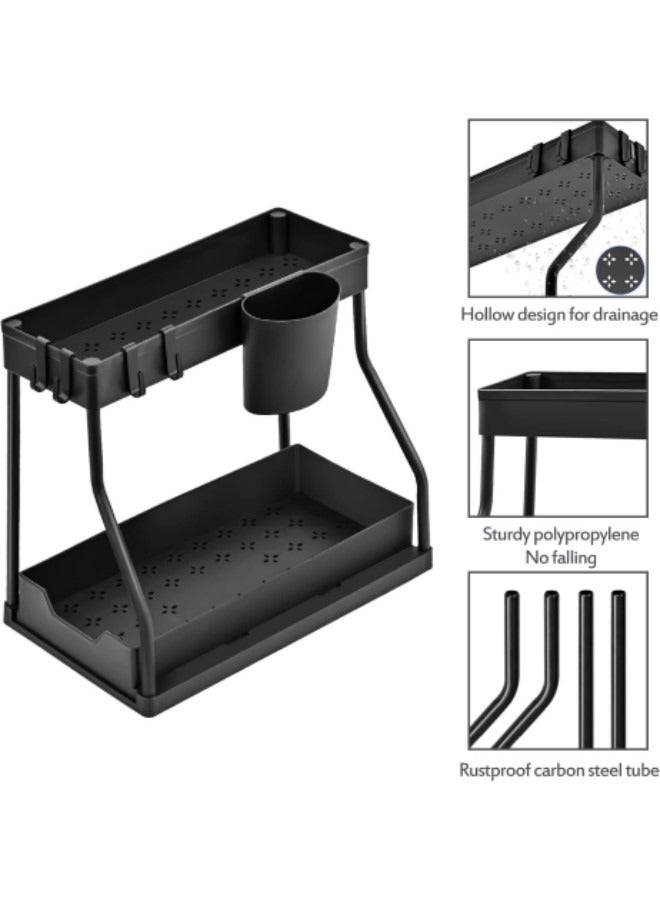 GGEROU 1-Piece Pull-out Double-layer Storage Rack Under Sink, Countertop Spice Rack, Seasoning Storage Rack, Kitchen Rack, 2-layer Sliding Multi-functional Seasoning Storage Holder, Black - Image 4