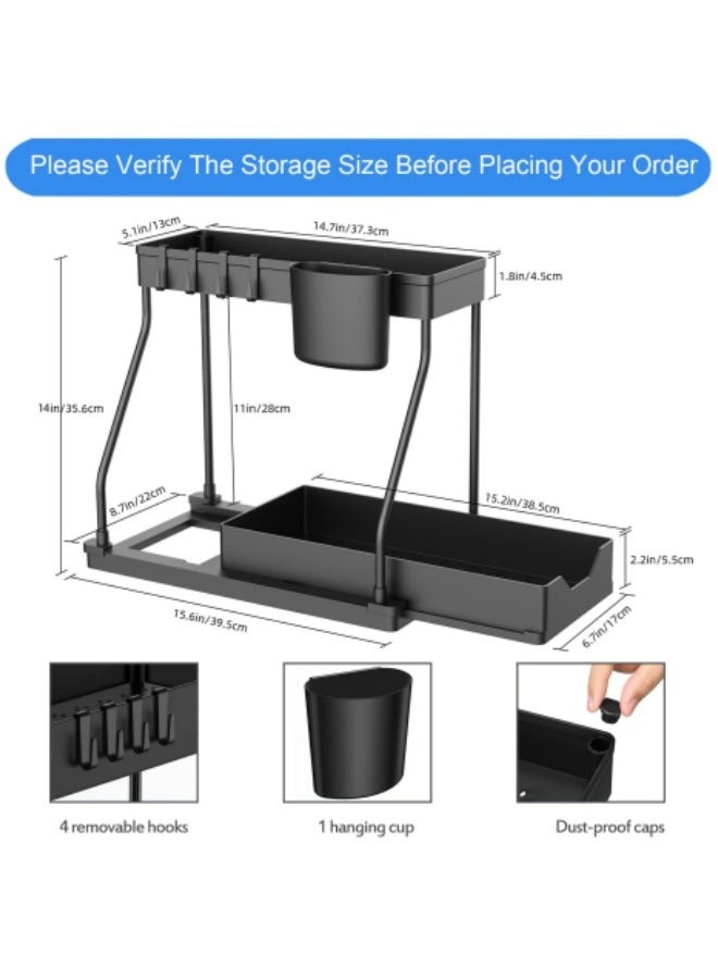 GGEROU 1-Piece Pull-out Double-layer Storage Rack Under Sink, Countertop Spice Rack, Seasoning Storage Rack, Kitchen Rack, 2-layer Sliding Multi-functional Seasoning Storage Holder, Black - Image 3