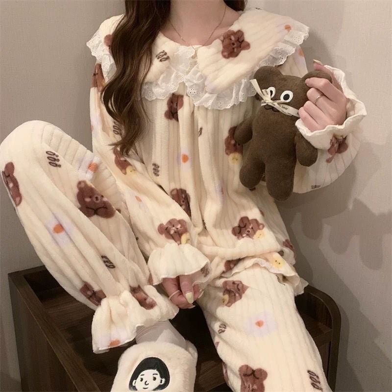2025 Fall/Winter Coral Fleece Pajamas Home Clothes Flannel Plus Size Thickened Cute Fashion Long Cardigan Suit Women - Image 1