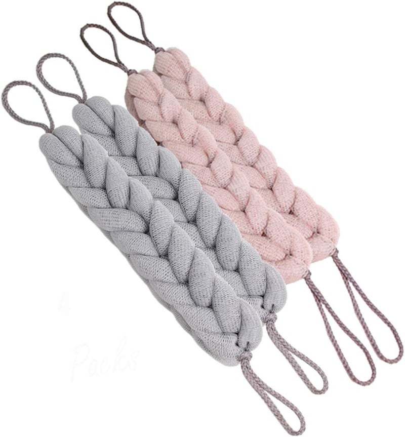AARainbow 4 Packs Long Stretch Back Sponge with Rope Handles Back Scrubber Bath Shower Mesh Sponge Exfoliating Body Scrub Stretch Braided Loofah for Men and Women (2 Gray+2 Lotus Pink) - Image 1