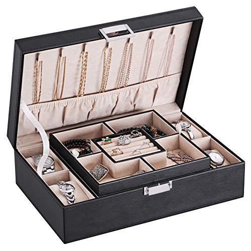 BEWISHOME Mens Jewelry Box, Jewelry Organizer with 4 Watch Case Removable Tray, Jewelry Storage Case for Necklace, Earring Ring Bracelet, PU Leather, Velvet Lining Black SSH07B - Image 1
