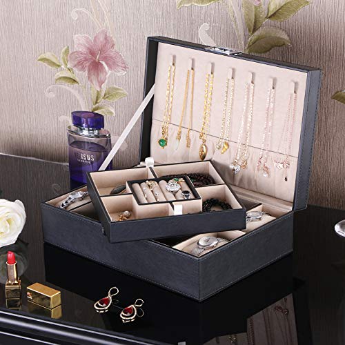 BEWISHOME Mens Jewelry Box, Jewelry Organizer with 4 Watch Case Removable Tray, Jewelry Storage Case for Necklace, Earring Ring Bracelet, PU Leather, Velvet Lining Black SSH07B - Image 2