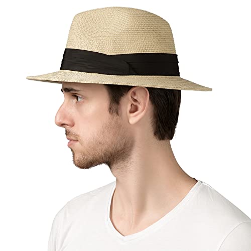 Lanzom Summer Beach Sun Hats for Men Women Foldable Floppy Travel Packable Staw Hat, Wide Brim Hat (Style B-Beige, Medium Size:Fit for 22.5"-23") - Image 2
