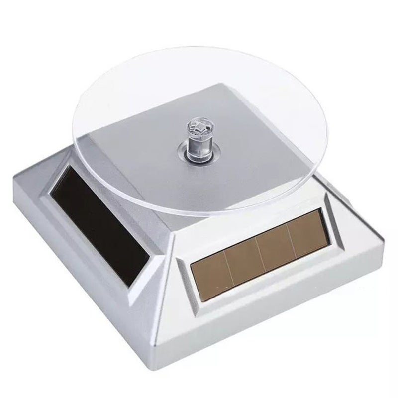 Solar Power Display Turntable 360 Degree Silver - Reversible Rotation 4-Side Solar Panels Electric Rotating Turntable for Product Photography, Jewelry, Watch Display - Image 1