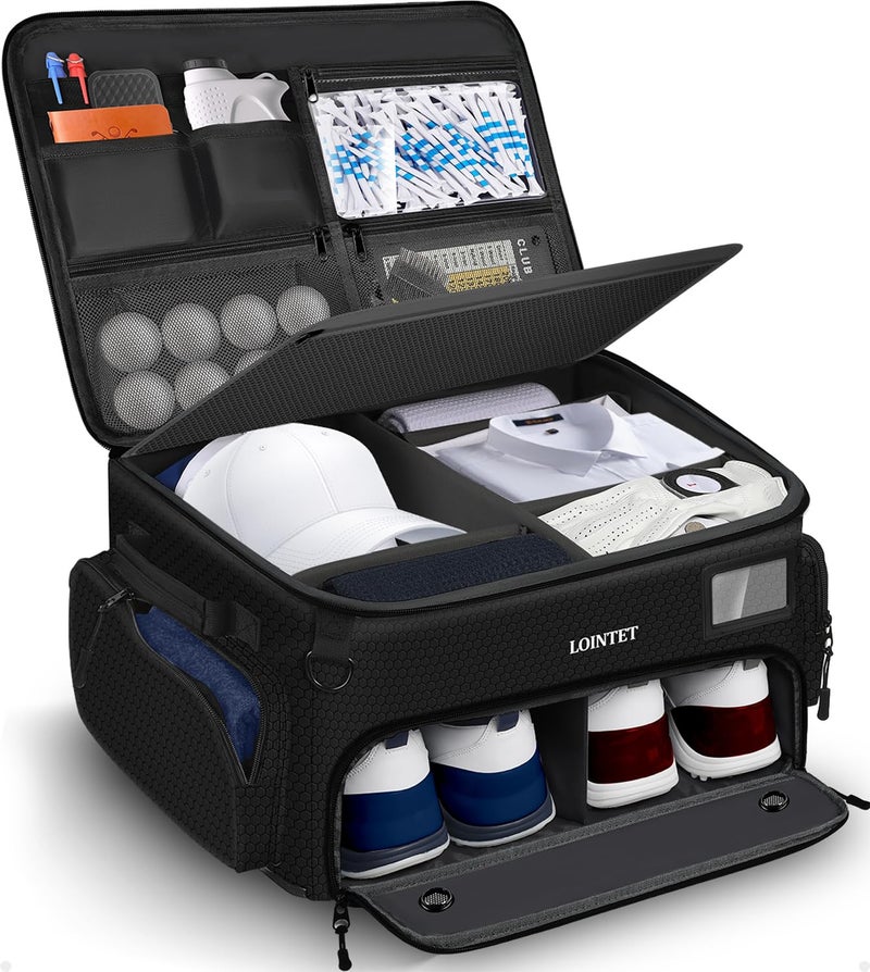 LOINTET Golf Trunk Organizer, Waterproof Car Golf Locker with Separate Ventilated Compartment for 2 Pair Shoes, Golf Storage for Balls, Tees, Cap, Clothes, Gloves, Accessories, Gifts for Men, Women - Image 1