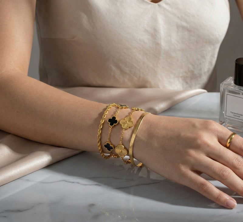 Shein 4-Piece Gold Bracelet Stack Set for Women – Herringbone (Flat Snake) + Rope Chain + Black Clover + Gold Clover, 316L Stainless Steel - Image 1