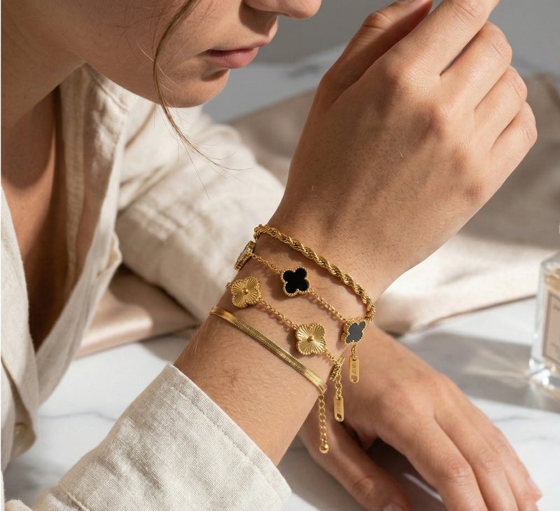 Shein 4-Piece Gold Bracelet Stack Set for Women – Herringbone (Flat Snake) + Rope Chain + Black Clover + Gold Clover, 316L Stainless Steel - Image 2