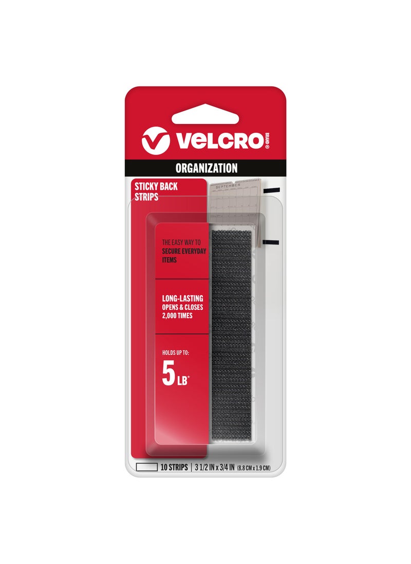 VELCRO Brand VELCRO Brand Sticky Back Tape Strips with Adhesive  10 Count  Black 3 12 x 34 In  Hook and Loop Fasteners for Home Organization Classroom or Office  10Pk 