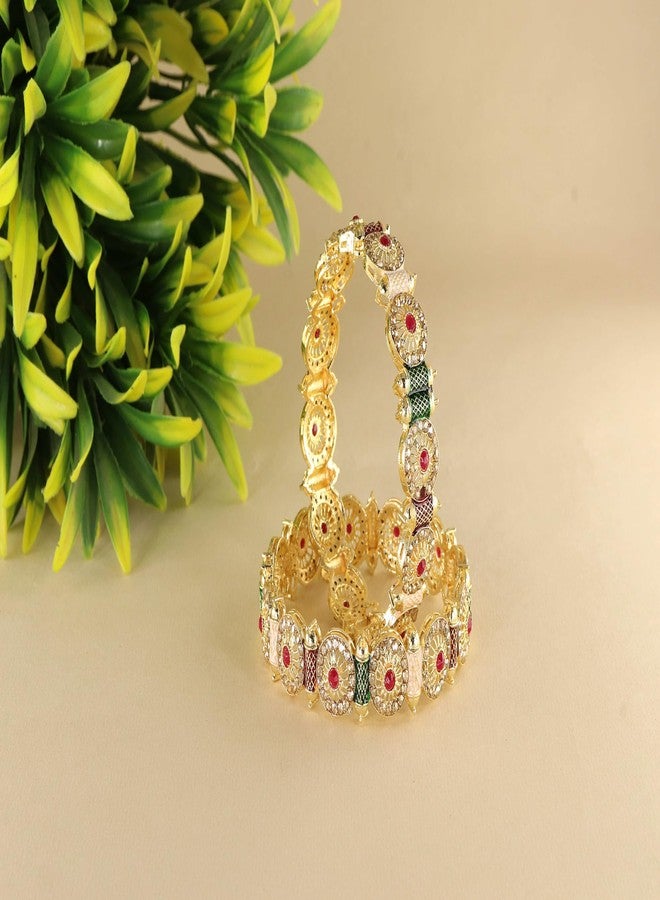 NMII Golden Metal Bangles Set For Women & Girls with Zircon Diamond Stone | Bridal Bangles Golden | AD Bangles | Golden Kada | Chudi Bangles | Girl's Bangles Bracelet-(MAH117-Gold-2.2) - Image 2