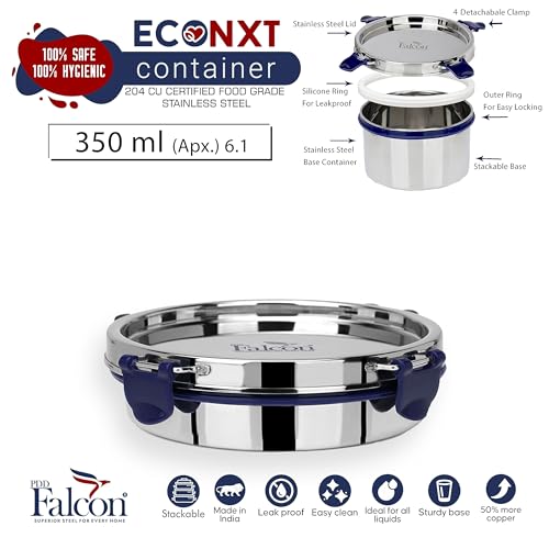PDDFALCON EcoNxt Stainless Steel Lunch Box Set,Airtight Lids,100% Leakproof With BIS Certified, Jindal Seal & Made In India Perfect for Office, School, Travel, Set of 1 - Blue (350ml-6.1) - Image 4