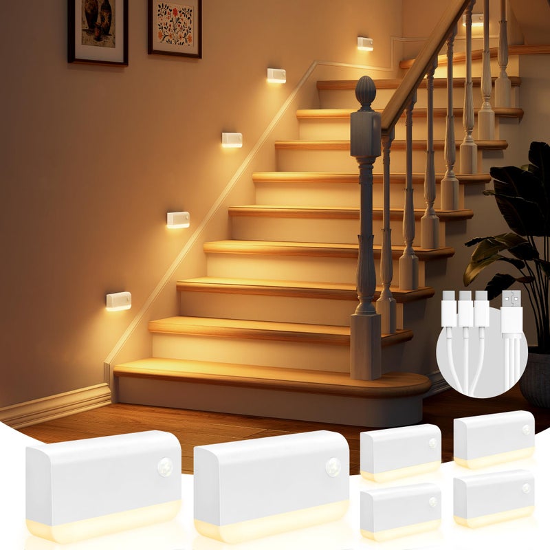 VOLISUN Motion Sensor Stair Light Indoor Rechargeable 6 Pack, Night Lights Indoor for Step, Hallway, Toilet, Magnetic Stick-On Wall Lights, 3 Modes & 3 Color Temperatures(White) - Image 1