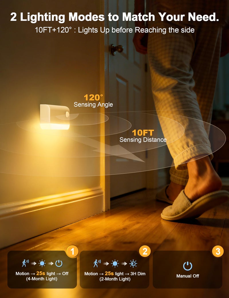 VOLISUN Motion Sensor Stair Light Indoor Rechargeable 6 Pack, Night Lights Indoor for Step, Hallway, Toilet, Magnetic Stick-On Wall Lights, 3 Modes & 3 Color Temperatures(White) - Image 3