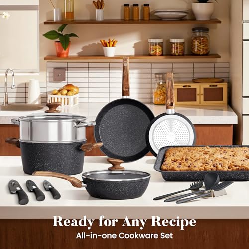 Kitchen Academy Kitchen Induction Cookware & Bakeware Set - 30 Piece Black Granite Cooking Pans Set, Non-Stick Pots and Pans Set - Image 5