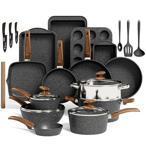 Kitchen Academy Kitchen Induction Cookware & Bakeware Set - 30 Piece Black Granite Cooking Pans Set, Non-Stick Pots and Pans Set - Image 1