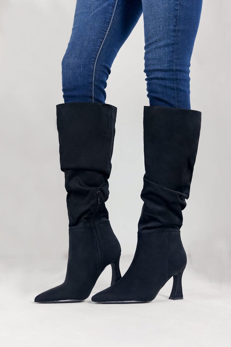 Coutgo Women's Slouchy Knee High Boots Wide Calf Pointed Toe Side Zipper Chunky Heel Long Boots Winter Shoes, Black, Size 8.5 - Image 2