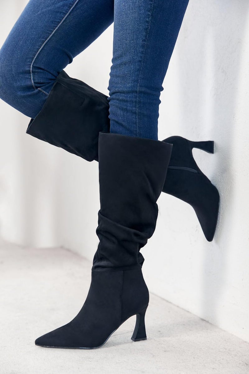 Coutgo Women's Slouchy Knee High Boots Wide Calf Pointed Toe Side Zipper Chunky Heel Long Boots Winter Shoes, Black, Size 8.5 - Image 3