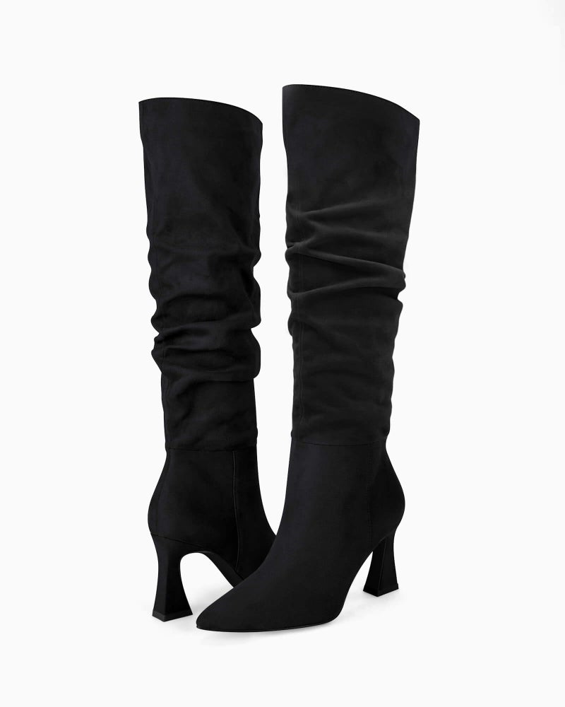 Coutgo Women's Slouchy Knee High Boots Wide Calf Pointed Toe Side Zipper Chunky Heel Long Boots Winter Shoes, Black, Size 8.5 - Image 5