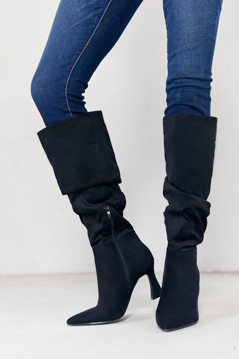 Coutgo Women's Slouchy Knee High Boots Wide Calf Pointed Toe Side Zipper Chunky Heel Long Boots Winter Shoes, Black, Size 8.5 - Image 4