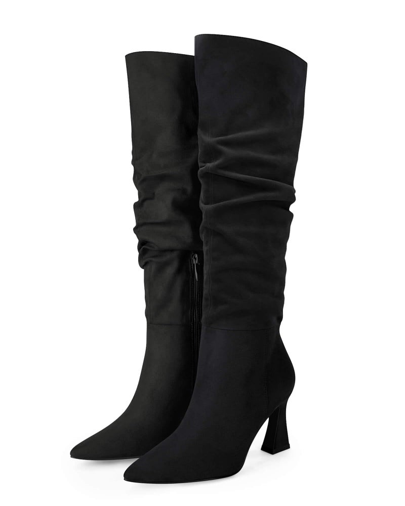 Coutgo Women's Slouchy Knee High Boots Wide Calf Pointed Toe Side Zipper Chunky Heel Long Boots Winter Shoes, Black, Size 8.5 - Image 1