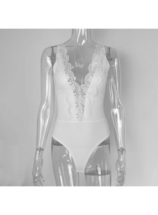 Summer European And American New Women's Slim V-neck Lace Rib Suspenders