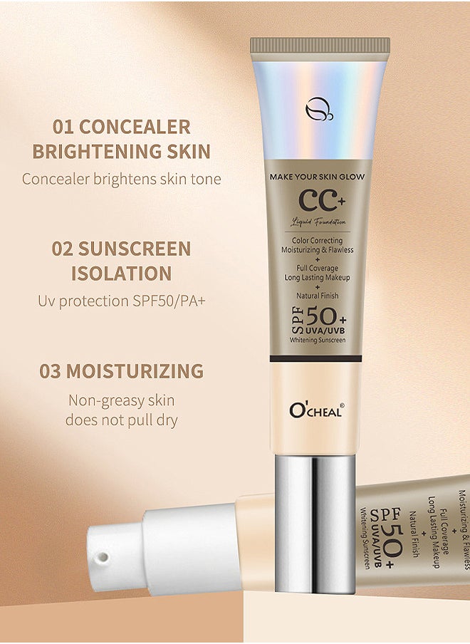 اوكيل CC Cream, كريم أساس كامل التغطية مع عامل حماية من الشمس 50+ واقية من الشمس للتبييض، كريم أساس CC مضاد للاحمرار، كريم تصحيح وتفتيح لون الوجه، كريم CC لتعديل لون البشرة، عاجي  - Image 3