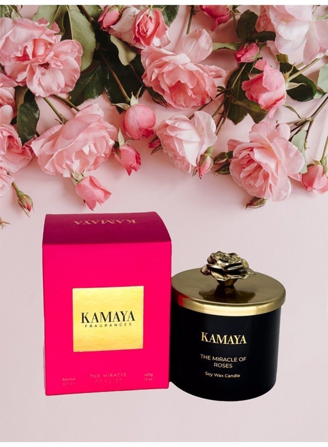 KAMAYA Blossom Caboodle Collection The Miracle of roses Scented candle 14 oz (400 gms) with gold lid with floral motif. - Image 4