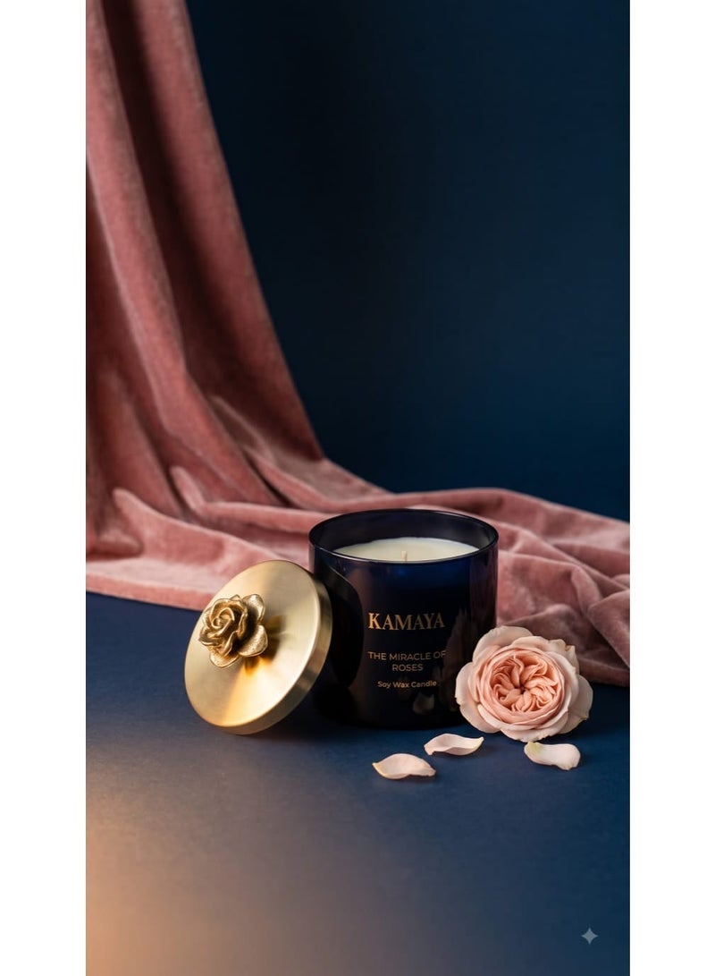 KAMAYA Blossom Caboodle Collection The Miracle of roses Scented candle 14 oz (400 gms) with gold lid with floral motif. - Image 1
