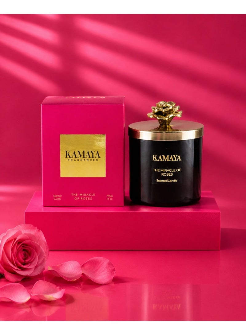 KAMAYA Blossom Caboodle Collection The Miracle of roses Scented candle 14 oz (400 gms) with gold lid with floral motif. - Image 1