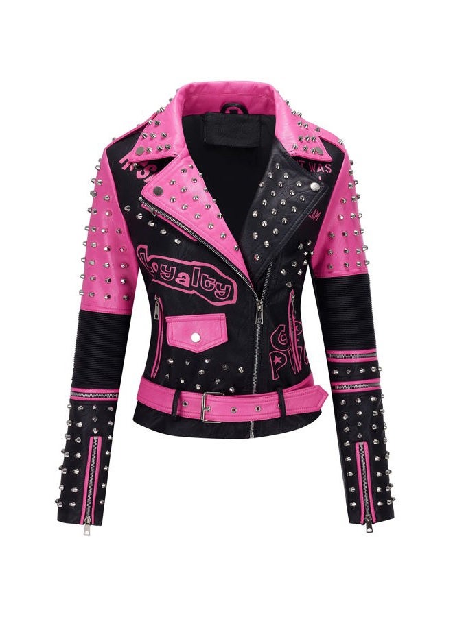 RISISSIDA Women Faux Leather Jacket Studded Rivet Spring Fall Fashion, Hip-Length Moto Biker Trendy Clothes Streetwear Belted, 076 Black-pink, S - Image 1