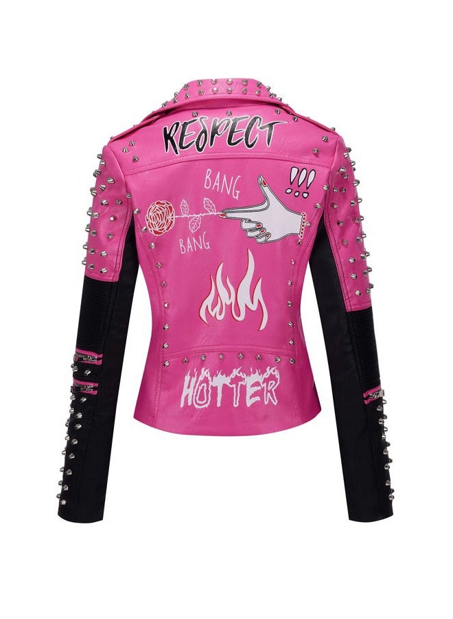 RISISSIDA Women Faux Leather Jacket Studded Rivet Spring Fall Fashion, Hip-Length Moto Biker Trendy Clothes Streetwear Belted, 076 Black-pink, S - Image 3