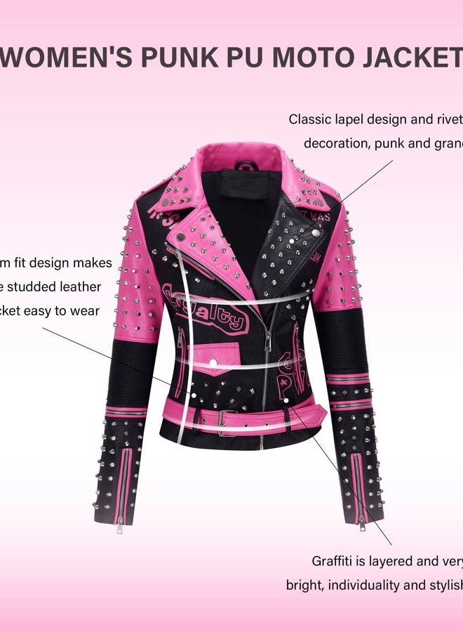RISISSIDA Women Faux Leather Jacket Studded Rivet Spring Fall Fashion, Hip-Length Moto Biker Trendy Clothes Streetwear Belted, 076 Black-pink, S - Image 5