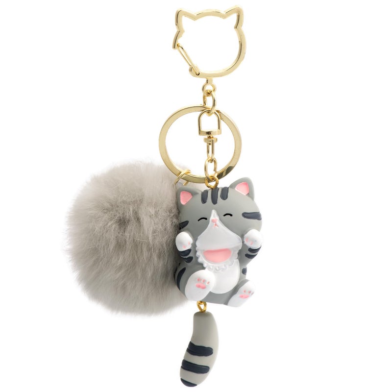 YILANFULL Kawaii Cat Keychain Fluffy Pom Pom Bag Charm for Backpack Purse Keys Cute Girly Keychains for Girls Women Teen Cute Backpack AccessoriesGray Cat - Image 2