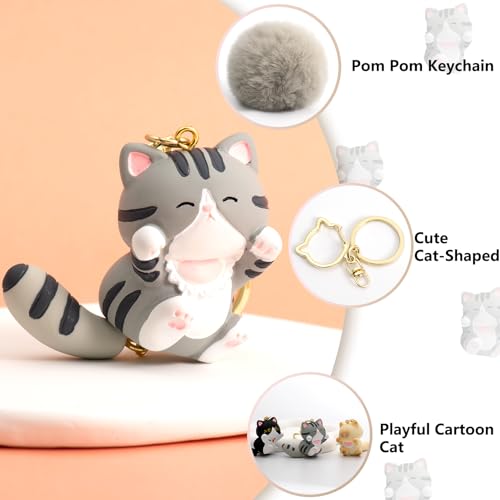 YILANFULL Kawaii Cat Keychain Fluffy Pom Pom Bag Charm for Backpack Purse Keys Cute Girly Keychains for Girls Women Teen Cute Backpack AccessoriesGray Cat - Image 3
