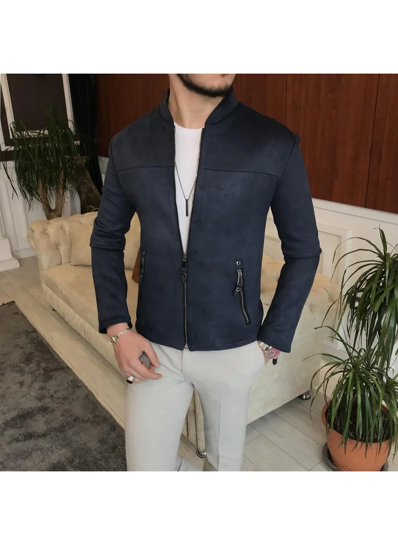 Terzi Adem Tailor Adem Italian Style Slim Fit Seasonal Men's Suede Coat Navy Blue T9174