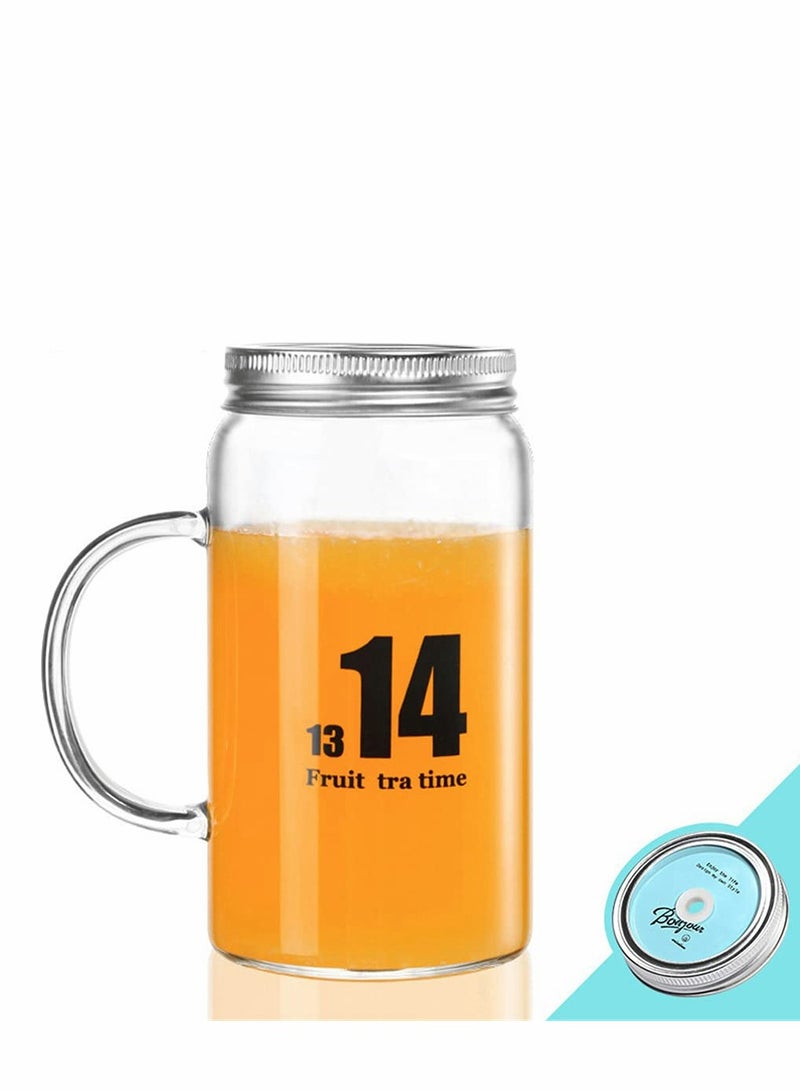 KASTWAVE Glass Mug Drinking Bottle Jar with Handles Reusable Glass Water Bottle Wide Mouth Clear Drinking Glass Bottle with Colored Lids for Juicing Water Tea 16 Oz - Image 1