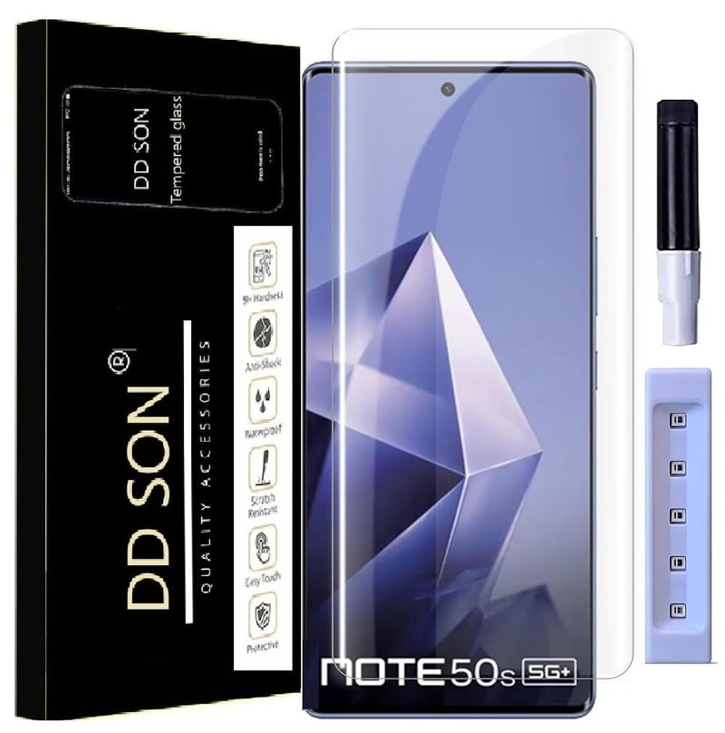 DD SON UV HD+ Tempered Glass Screen Protector Guard Compatible For Infinix Note 50S 5G+ (6.78 Inch, Pack of 1) Full Adhesive UV HD+ Curved Case Friendly HD Clarity with easy installation kit - Image 1