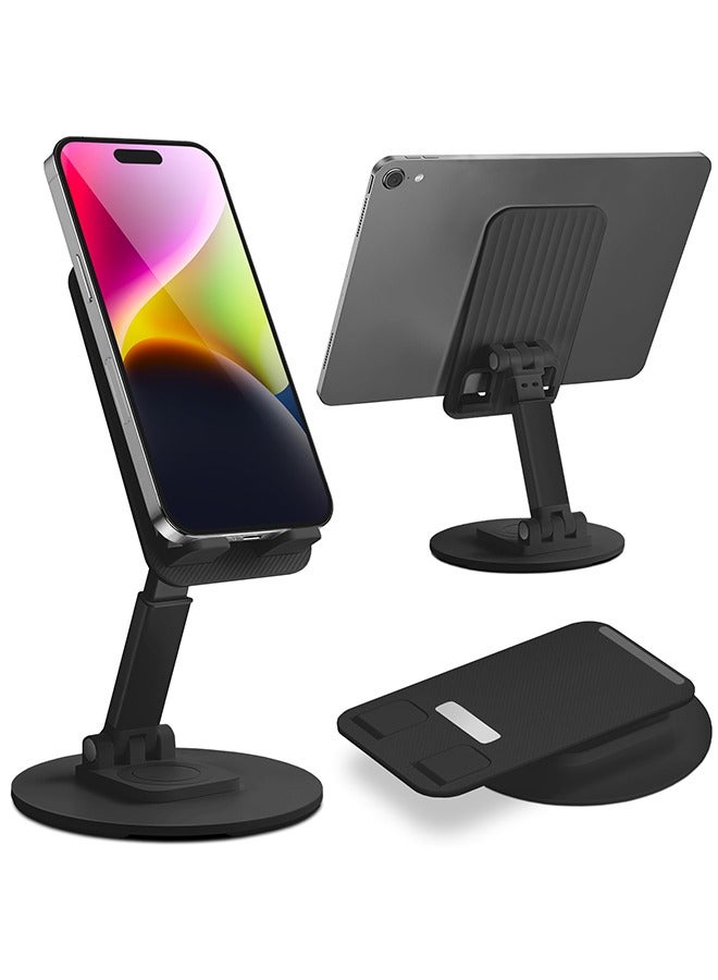 Foldable Phone Stand for Desk, Height Adjustable Metal Mobile Phone Stand, Portable 360° Rotating Base, Suitable for mobile phone, tablet, family, outdoor travel (Black)  - Image 1