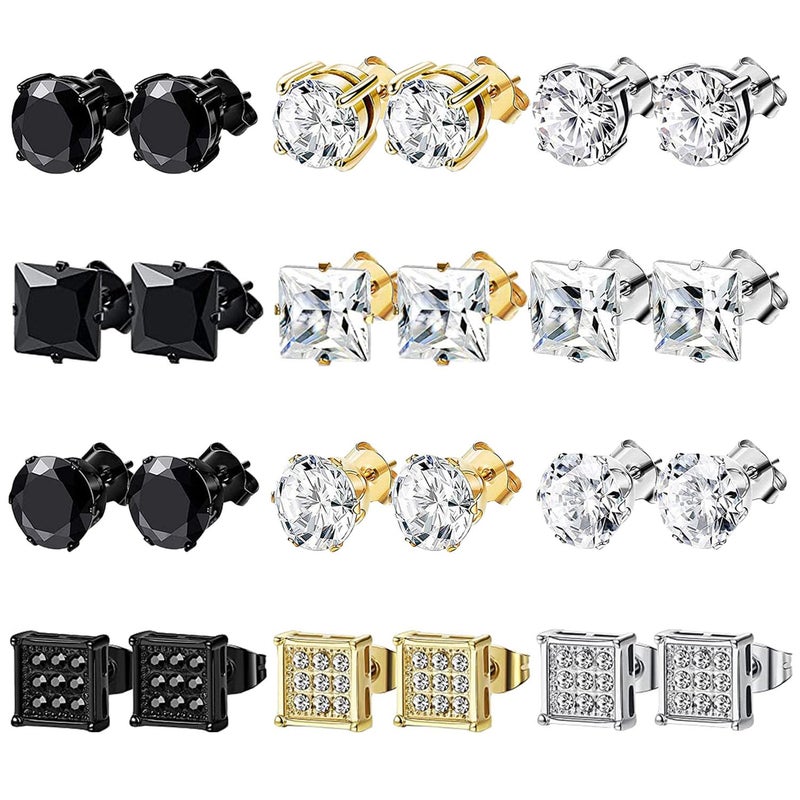NEWITIN 12 Pairs Stainless Steel Stud Earrings for Men Hypoallergenic Earring Unisex Studs Inlaid Cubic Zirconia Men Earrings Hoop CZ Stud Earring Set for Women - Image 1
