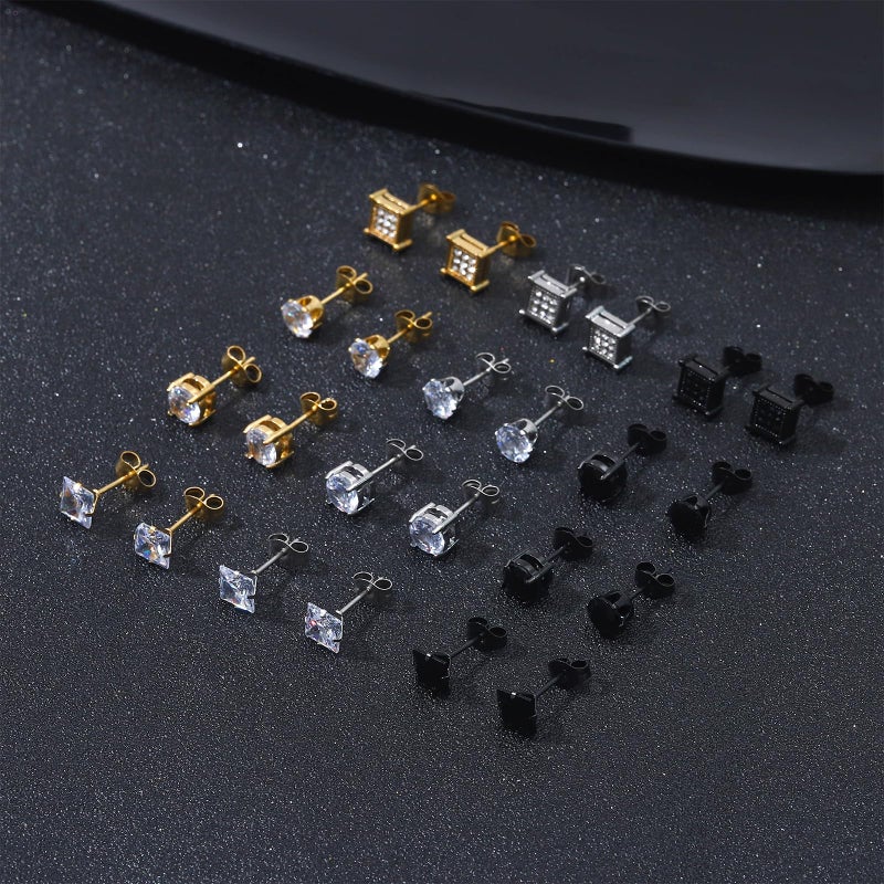 NEWITIN 12 Pairs Stainless Steel Stud Earrings for Men Hypoallergenic Earring Unisex Studs Inlaid Cubic Zirconia Men Earrings Hoop CZ Stud Earring Set for Women - Image 3