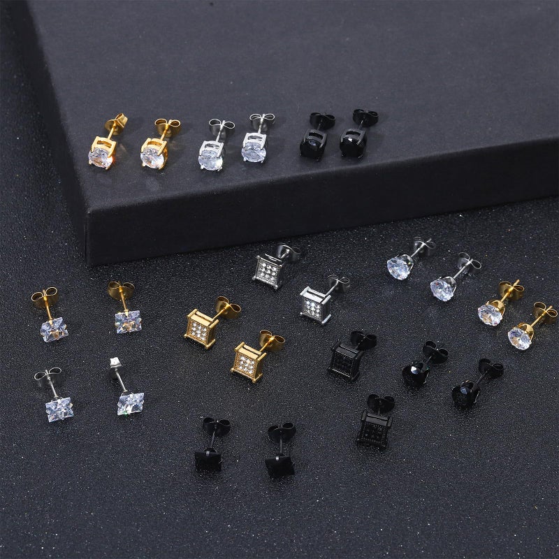 NEWITIN 12 Pairs Stainless Steel Stud Earrings for Men Hypoallergenic Earring Unisex Studs Inlaid Cubic Zirconia Men Earrings Hoop CZ Stud Earring Set for Women - Image 4